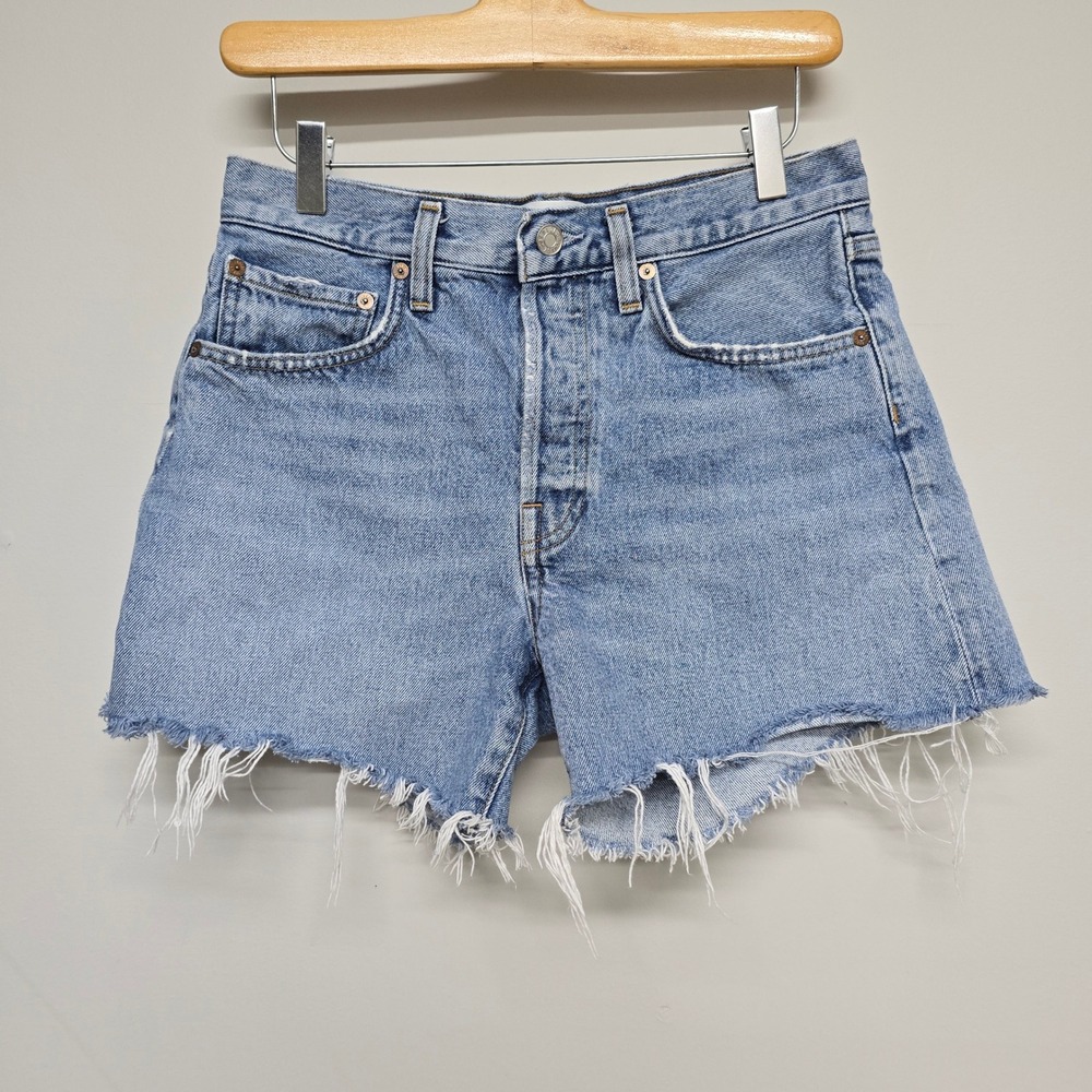 AGOLDE Parker Long Shorts Womens 26 Blue Cotton Frayed Hem High Rise Denim